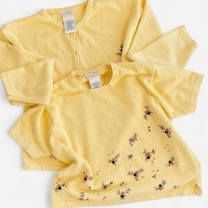 Vntg Northern Reflections 2 Pc Set Yellow Embroidered Flowers Cardigan & Blouse